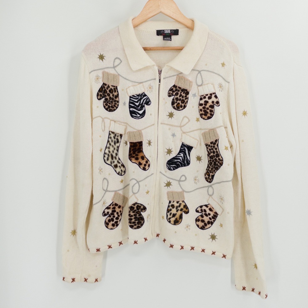 Vintage 90s Christmas Cardigan Women L Cream Animal Print Ugly Holiday Granny